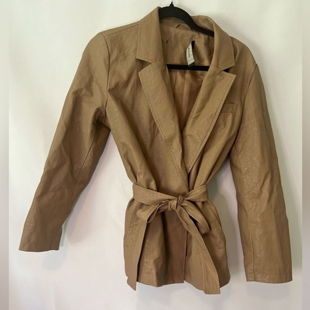 Zara Womens Size Large Light Brown Faux Leather Tie Blazer
